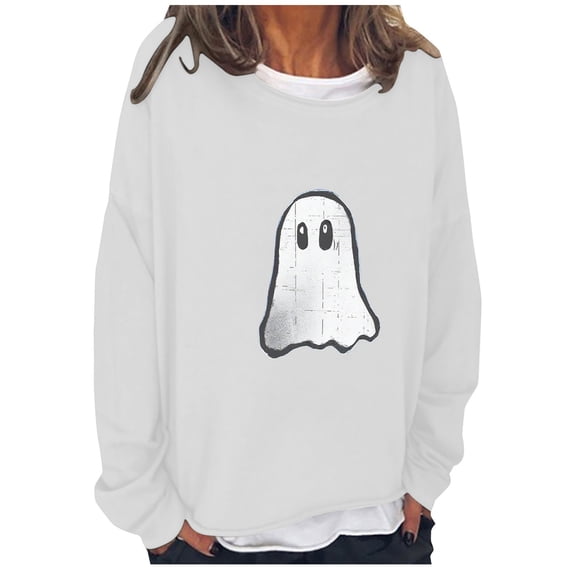 Womens Ghost Crewneck Sweatshirts Halloween Fake Two-Piece Sweat Shirts Long Sleeve Pullover Loose Fall Tops White, S