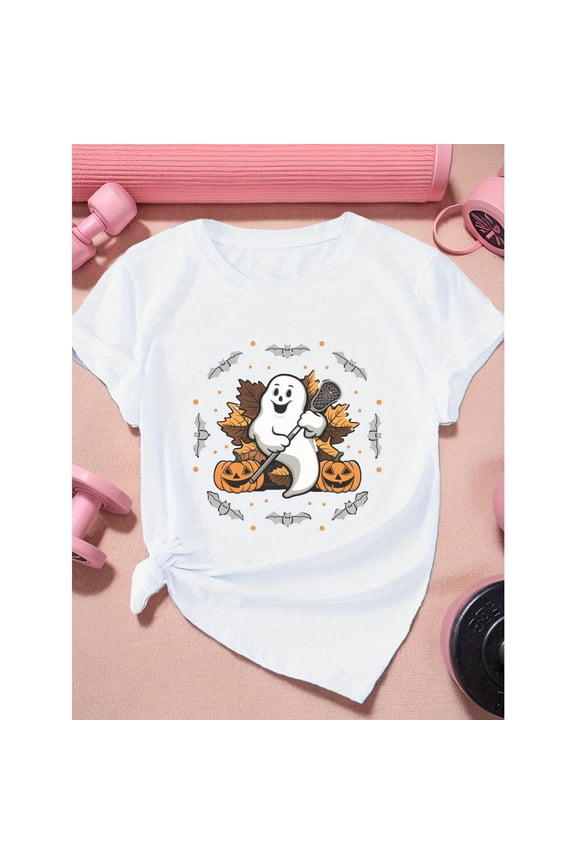 Womens Ghost Lacrosse Graphic Tee Sports T Shirt Tops Fashion Short Sleeve Round Neck White S-5XL
