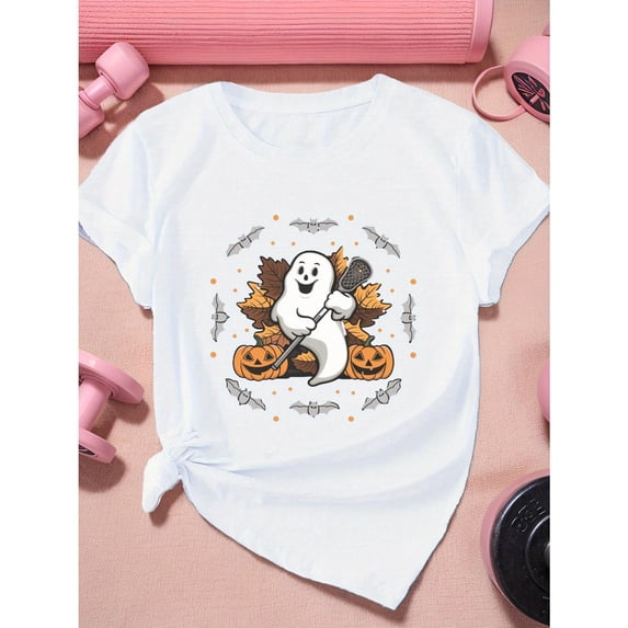 Womens Ghost Lacrosse Graphic Tee Sports T Shirt Tops Fashion Short Sleeve Round Neck White S-5XL