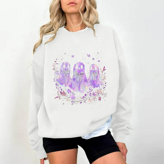 Womens Ghost Print Sweatshirt Light Warm Pullover Sweater Blouses Round Neck Tops Long Sleeve Blouse Ultra Soft Textured Athletic Sweater Spring Outfits 2025 Pullover Fall Winter Clothes