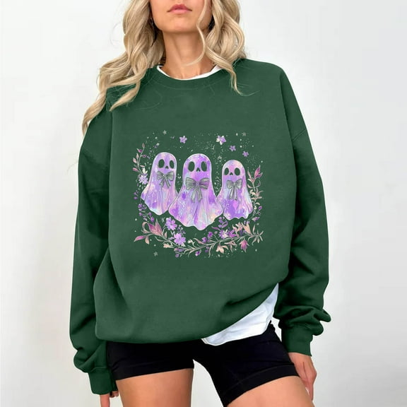 Womens Ghost Print Sweatshirt Light Warm Pullover Sweater Blouses Round Neck Tops Long Sleeve Blouse Ultra Soft Textured Athletic Sweater Spring Outfits 2025 Pullover Fall Winter Clothes