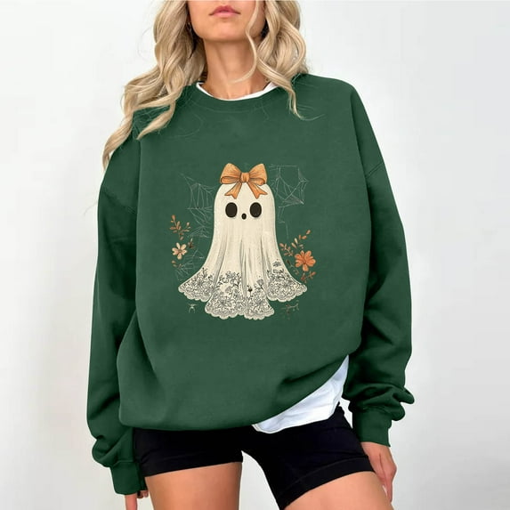 Womens Ghost Print Sweatshirt Light Warm Pullover Sweater Blouses Round Neck Tops Long Sleeve Blouse Ultra Soft Textured Athletic Sweater Spring Outfits 2025 Pullover Fall Winter Clothes