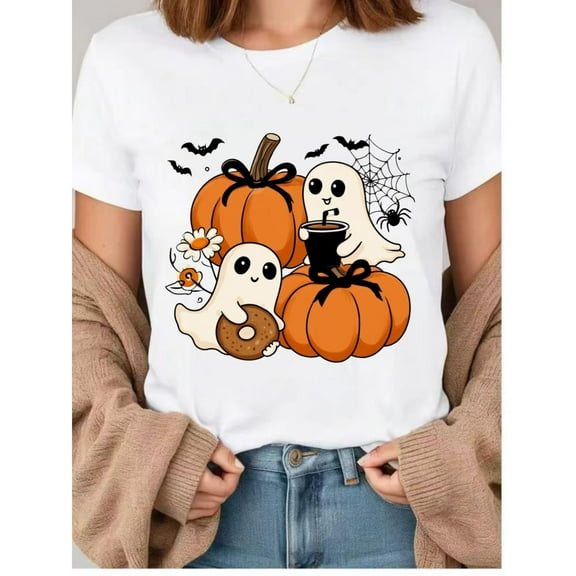 Womens Ghost Pumpkin Graphic Cute Fashion Casual Tee T Shirt Tops Short Sleeve Round Neck White S-5XL