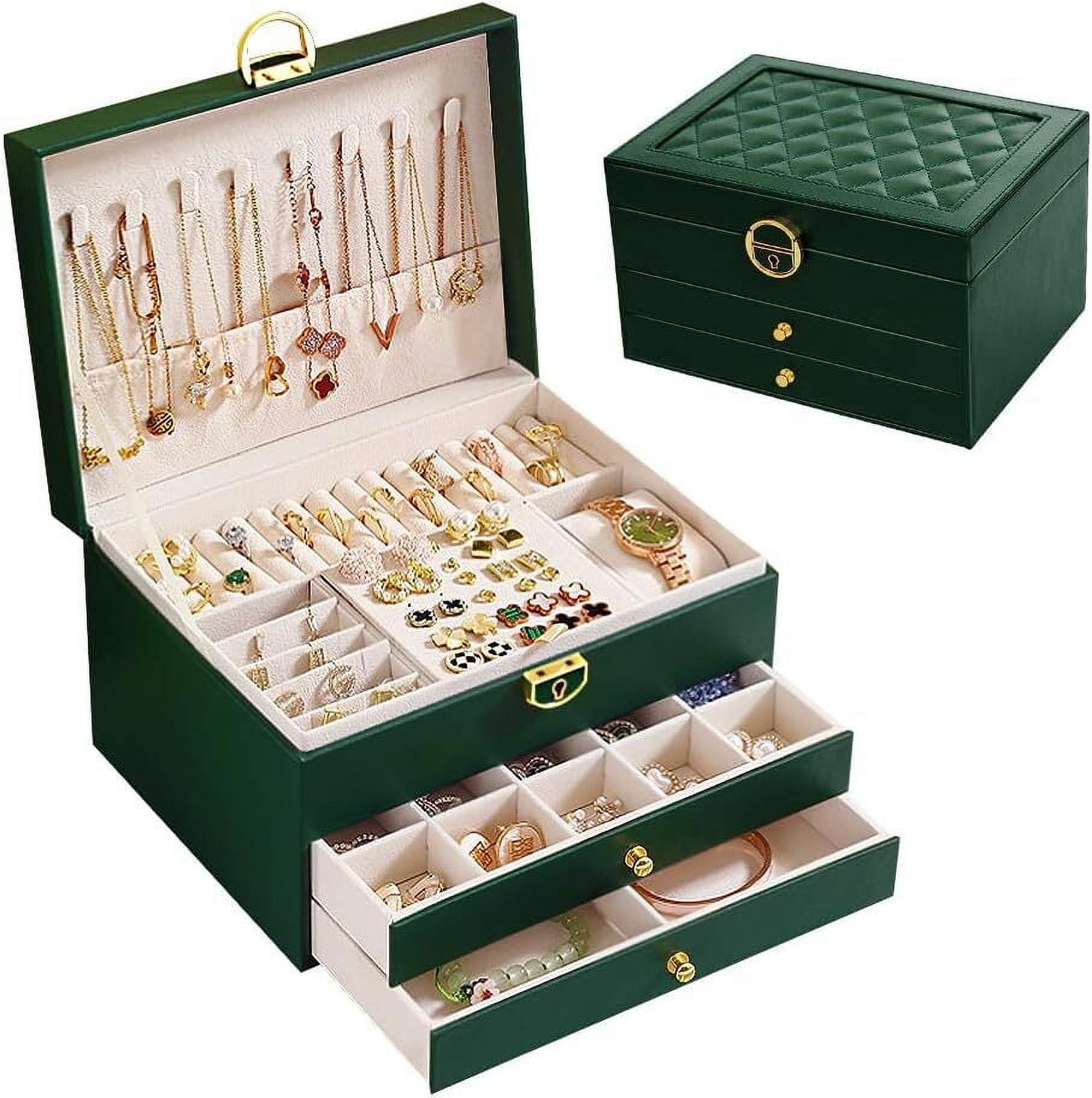 Womens Gifts for Christmas,Jewelry Box for Women,Large Jewelry Organizers and Storage,3 Layer Jewelry Box with Lock with Removable Tray for Necklaces Earrings Bracelets Rings Watches - Green