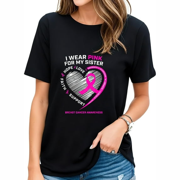 Womens Gifts Cute I Wear Pink For My Sister Breast Cancer Awareness T Shirt Black 2X-Large