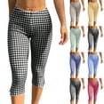thumbnail image 1 of Womens Gingham Check Capri Leggings Low Rise Slim Fit Yoga Capris Scalloped Waist Casual Cropped Pants with Side Slit Hem Black XL, 1 of 8