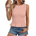 thumbnail image 1 of Womens Gingham Check Tanks Tops Round Neck Sleeveless All-Over Smocked Bodice Peplum Hem Casual Blouses Pink M, 1 of 3