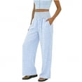 thumbnail image 1 of Womens Gingham High Waisted Smocked Wide Leg Pants with Pockets Cotton Linen Blend Casual Loose Fit Pull On Summer Beach Vacation Bottoms Blue,Size S, 1 of 4