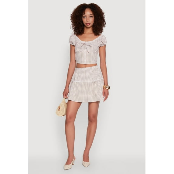 Womens Gingham Lace Trim Tiered Mini Skirt