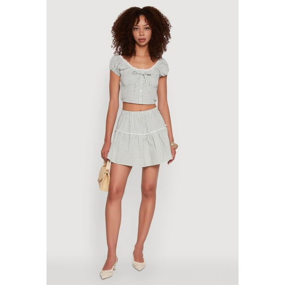 Womens Gingham Lace Trim Tiered Mini Skirt