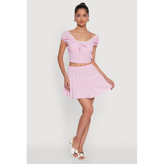 Womens Gingham Lace Trim Tiered Mini Skirt