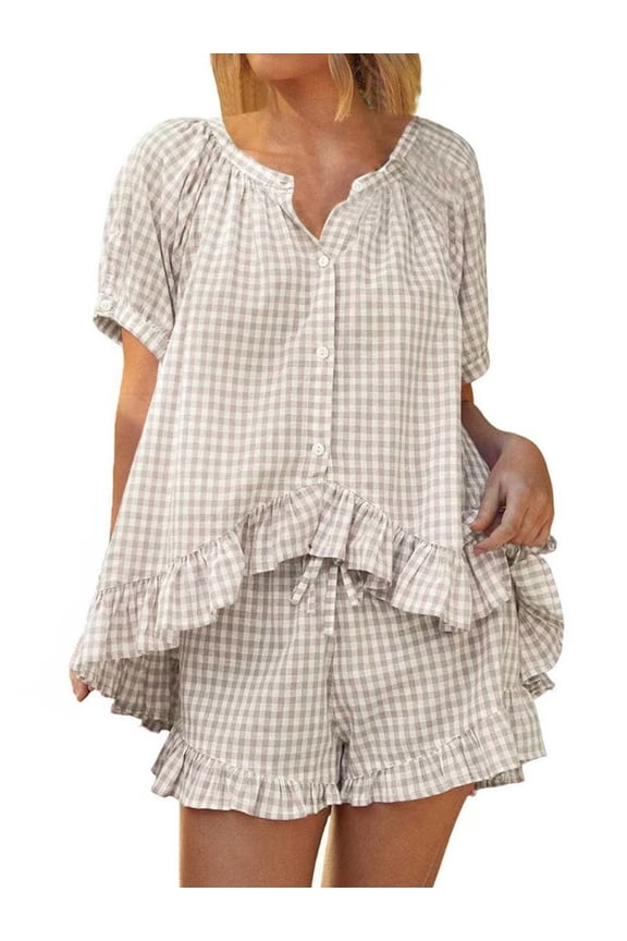 Womens Gingham Pajamas Set 2 Piece Sets Puff Sleeve Ruffle Babydoll Shirt Shorts Summer Outfits Khaki S