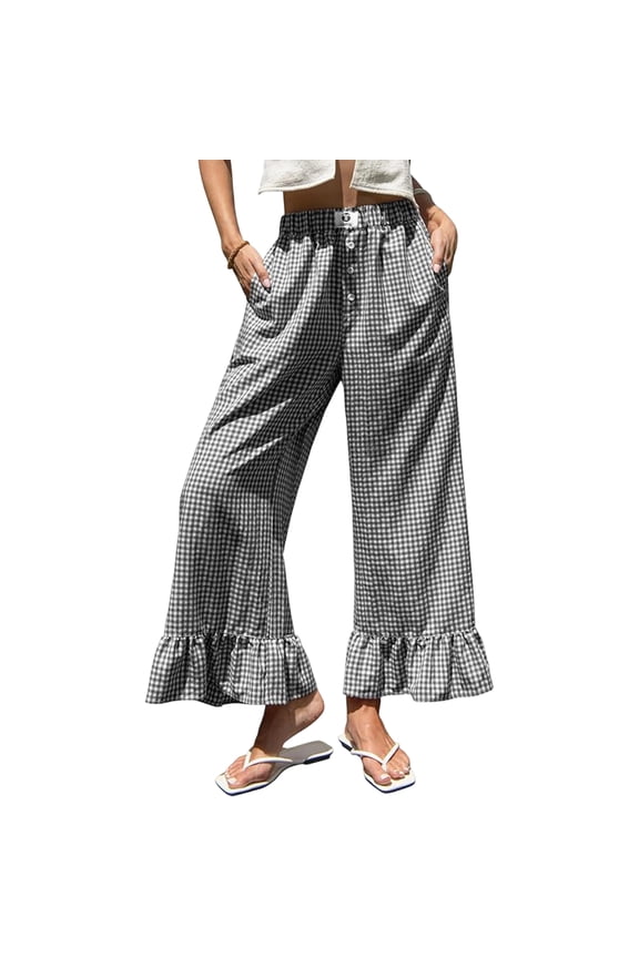 Womens Gingham Pants Cotton Cute Ruffle Hem Plaid Bottoms Wide Leg Y2k Elastic Waist Lounge Loose Trousers with Pockets Black M