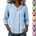 thumbnail image 1 of Womens Gingham Plaid 3/4 Sleeve Button Down Blouse Peter Pan Collar V Neck Checkered Flowy Shirts for Work Office Teacher Outfits, Blue, S, 1 of 7