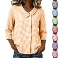 thumbnail image 1 of Womens Gingham Plaid 3/4 Sleeve Button Down Blouse Peter Pan Collar V Neck Checkered Flowy Shirts for Work Office Teacher Outfits, Orange, M, 1 of 7