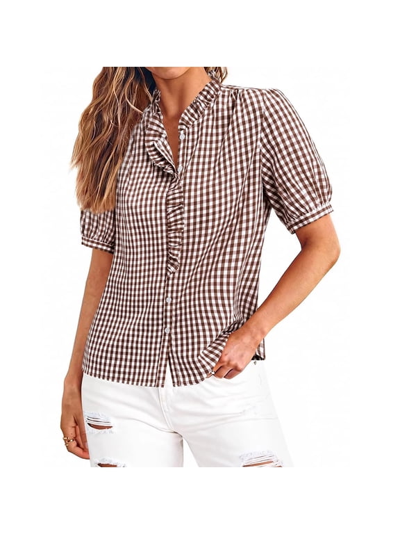 Womens Gingham Plaid Blouse Ruffle Collar Button Down Shirt Puff Short Sleeve Cute Tops Summer Fall Work Office Clothes Brown M