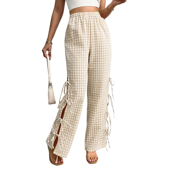 Womens Gingham Plaid Wide Leg Pants Y2k Lounge Pants Lace Up Loose Trousers Color M