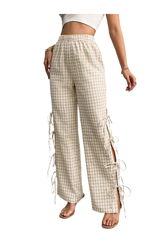 Womens Gingham Plaid Wide Leg Pants Y2k Lounge Pants Lace Up Loose Trousers Color S