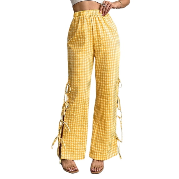 Womens Gingham Plaid Wide Leg Pants Y2k Lounge Pants Lace Up Loose Trousers Yellow XXL