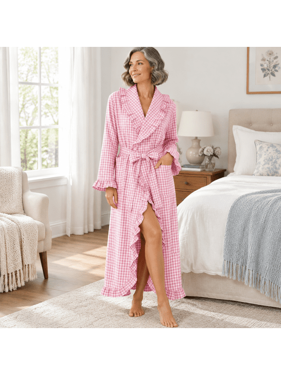 Womens Gingham Robes Long Sleeveton Ruffle Wrap Bathrobe