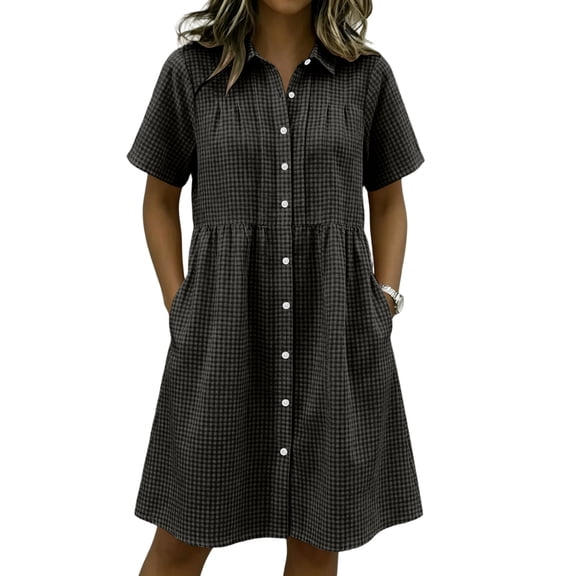 Womens Gingham Shirt Dress Collared Short Sleeve Relaxed Fit Casual Summer Dresses Comfy Everyday Midi Shirt Dresses Black L