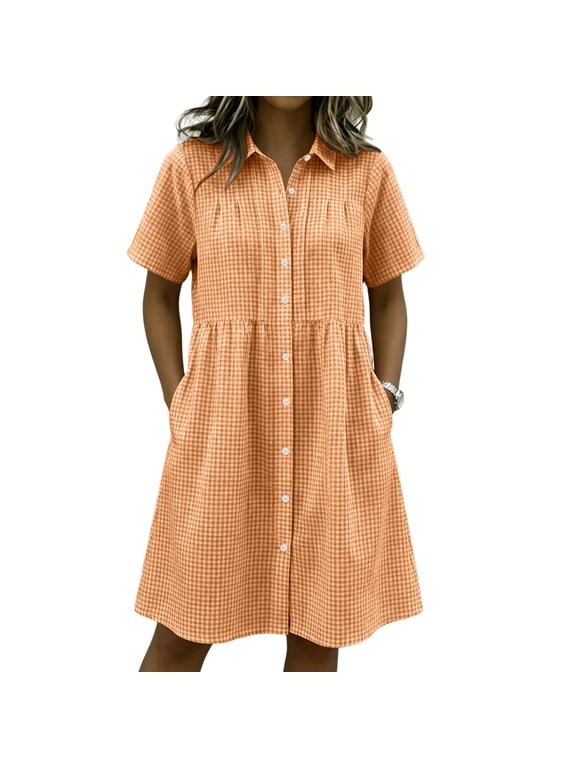 Womens Gingham Shirt Dress Collared Short Sleeve Relaxed Fit Casual Summer Dresses Comfy Everyday Midi Shirt Dresses Orange M