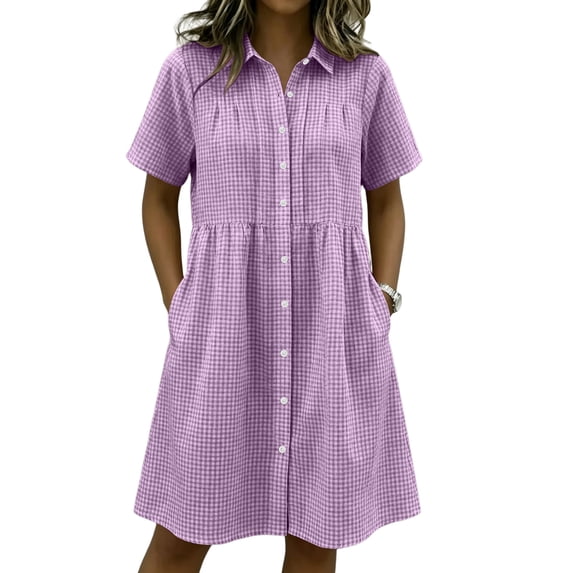 Womens Gingham Shirt Dress Collared Short Sleeve Relaxed Fit Casual Summer Dresses Comfy Everyday Midi Shirt Dresses Purple 2XL