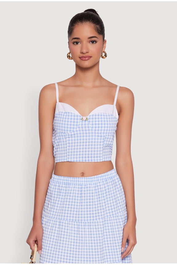 Womens Gingham Smocked Back Bustier Top