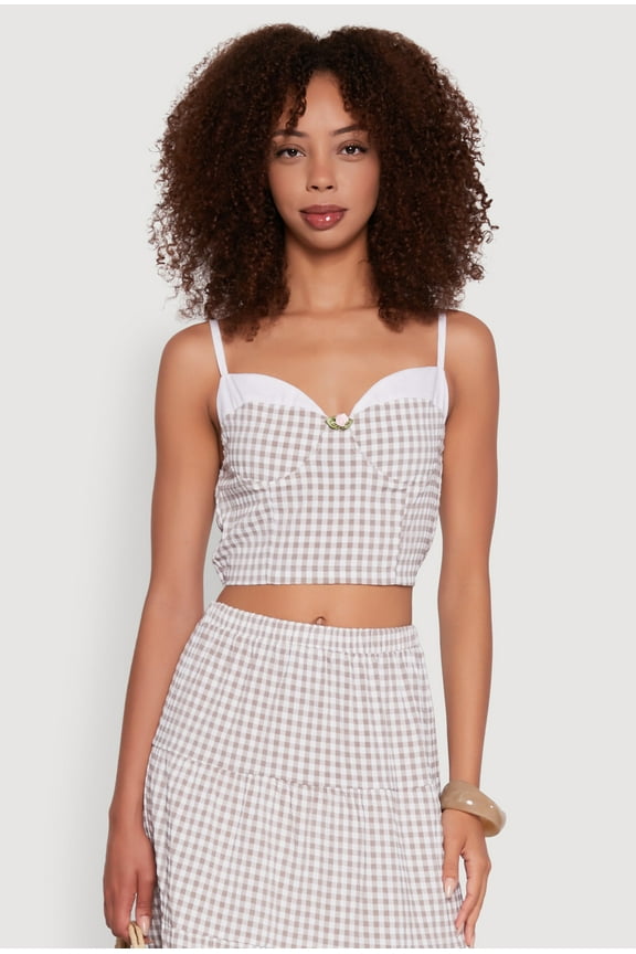 Womens Gingham Smocked Back Bustier Top