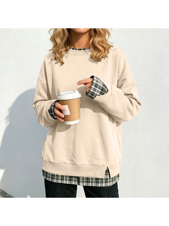 Womens Gingham Trim Sweatshirt Long Sleeve Crew Neck Pullover Check Cuffs And Hem Layered Look Relaxed Fit Tops Khaki S