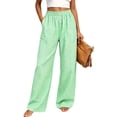 thumbnail image 1 of Womens Gingham Wide Leg Pants Button Elastic High Waisted with Pockets Business Casual Green M, 1 of 7