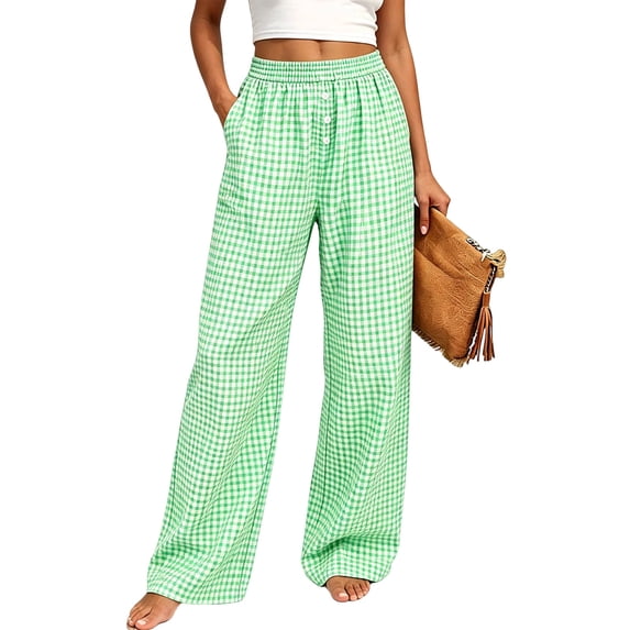 Womens Gingham Wide Leg Pants Button Elastic High Waisted with Pockets Business Casual Green M