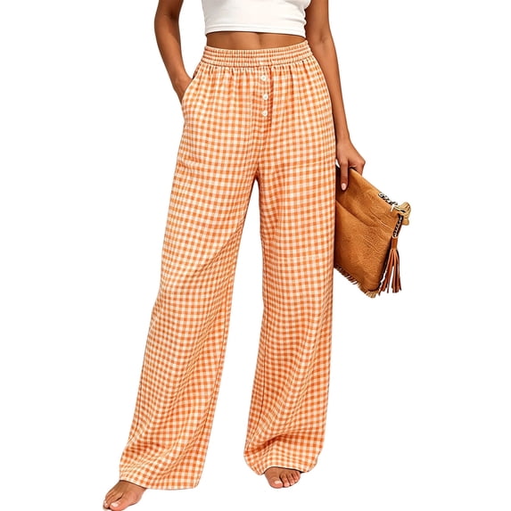 Womens Gingham Wide Leg Pants Button Elastic High Waisted with Pockets Business Casual Orange M