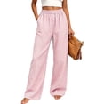 thumbnail image 1 of Womens Gingham Wide Leg Pants Button Elastic High Waisted with Pockets Business Casual Pink L, 1 of 7