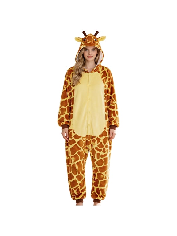 Womens Giraffe Onesie Pajamas Halloween Animal Long Sleeve Button Front Jumpsuit Fall Winter Festive Lounge Romper