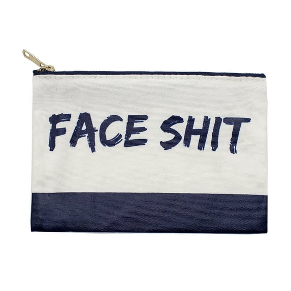 Womens Girls 100% Cotton Canvas Stylish Print Travel Cosmetic Case Makeup Bag Black Multi-use Pouch with Bold Gold Zipper (Face Navy)