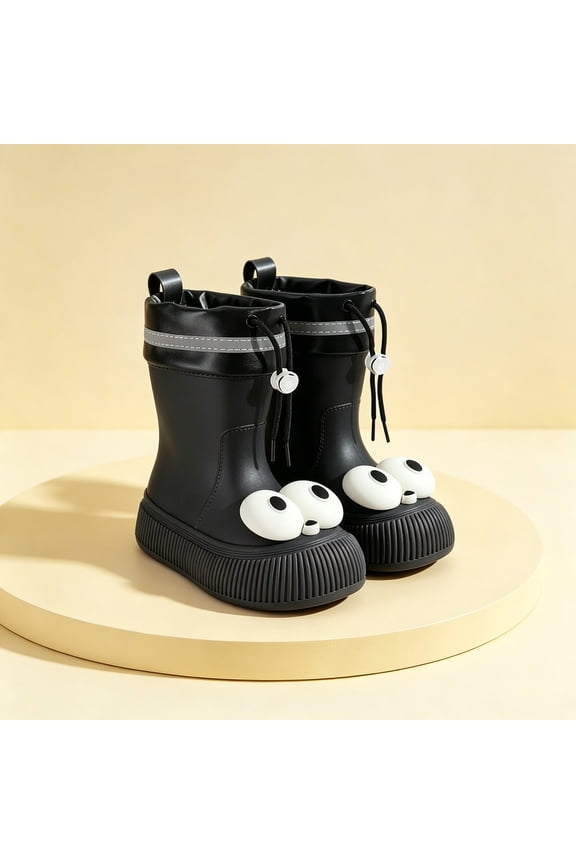 Womens & Girls 3D Big Eye Drawstring Cuff Mid Calf Rain Boots Reflective Stripe Ribbed Chunky Sole Non Slip Waterproof PVC Wellies for Rainy Days Black 34