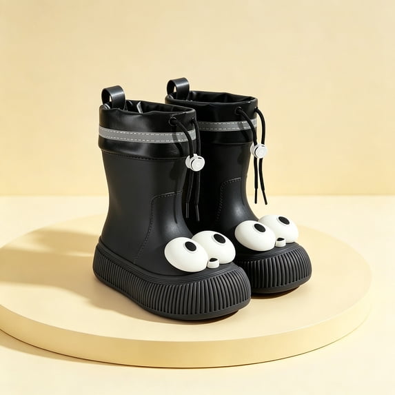 Womens & Girls 3D Big Eye Drawstring Cuff Mid Calf Rain Boots Reflective Stripe Ribbed Chunky Sole Non Slip Waterproof PVC Wellies for Rainy Days Black 34