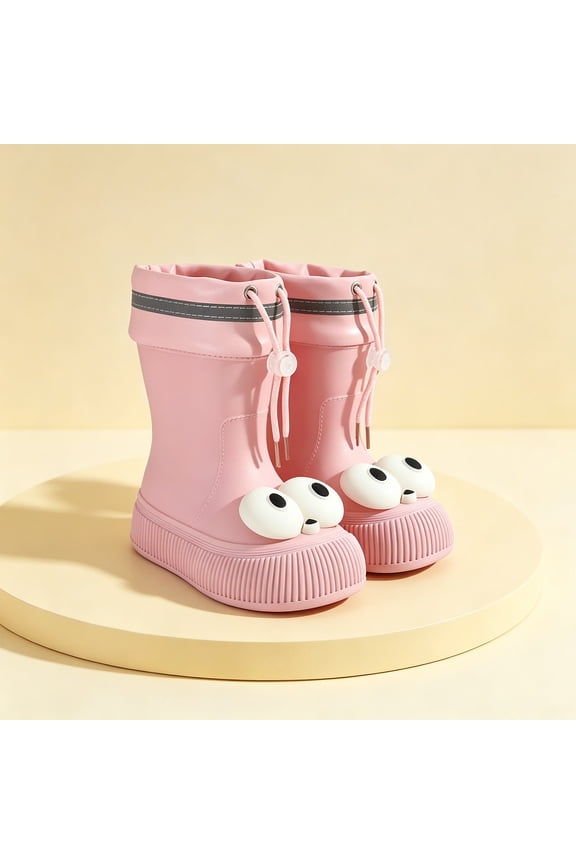 Womens & Girls 3D Big Eye Drawstring Cuff Mid Calf Rain Boots Reflective Stripe Ribbed Chunky Sole Non Slip Waterproof PVC Wellies for Rainy Days Pink 32