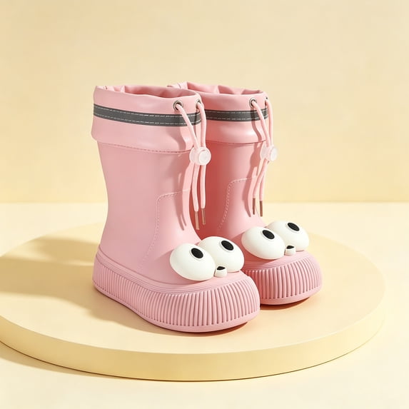 Womens & Girls 3D Big Eye Drawstring Cuff Mid Calf Rain Boots Reflective Stripe Ribbed Chunky Sole Non Slip Waterproof PVC Wellies for Rainy Days Pink 40