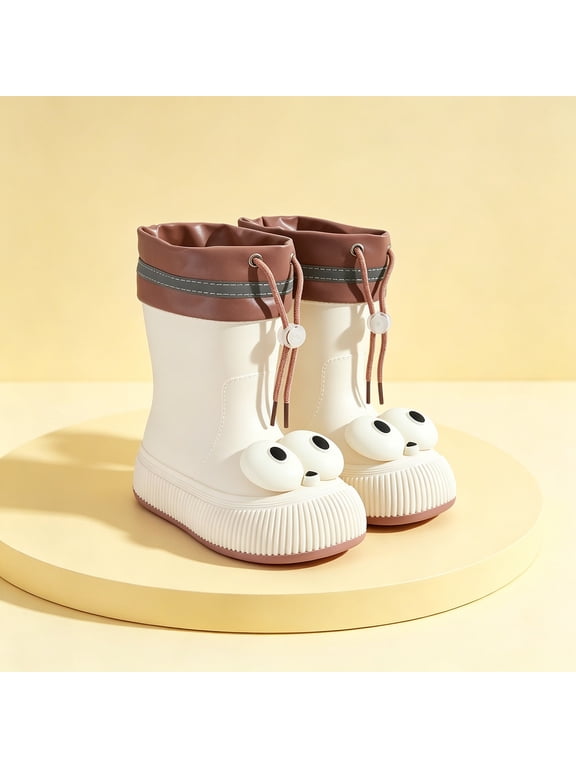 Womens & Girls 3D Big Eye Drawstring Cuff Mid Calf Rain Boots Reflective Stripe Ribbed Chunky Sole Non Slip Waterproof PVC Wellies for Rainy Days White 40