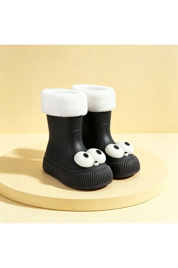 Womens & Girls 3D Big Eye Mid Calf Rain Boots Vertical Rib Chunky Sole Non Slip Waterproof PVC Wellies for Cold Weather Park Rainy Outdoor Play Black 38