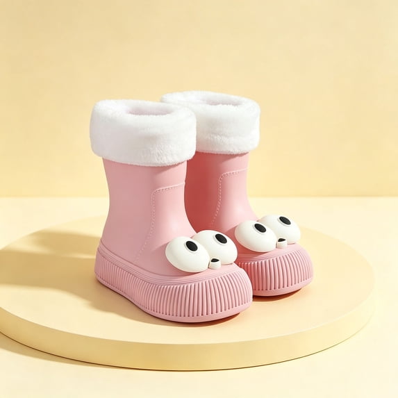Womens & Girls 3D Big Eye Mid Calf Rain Boots Vertical Rib Chunky Sole Non Slip Waterproof PVC Wellies for Cold Weather Park Rainy Outdoor Play Pink 26