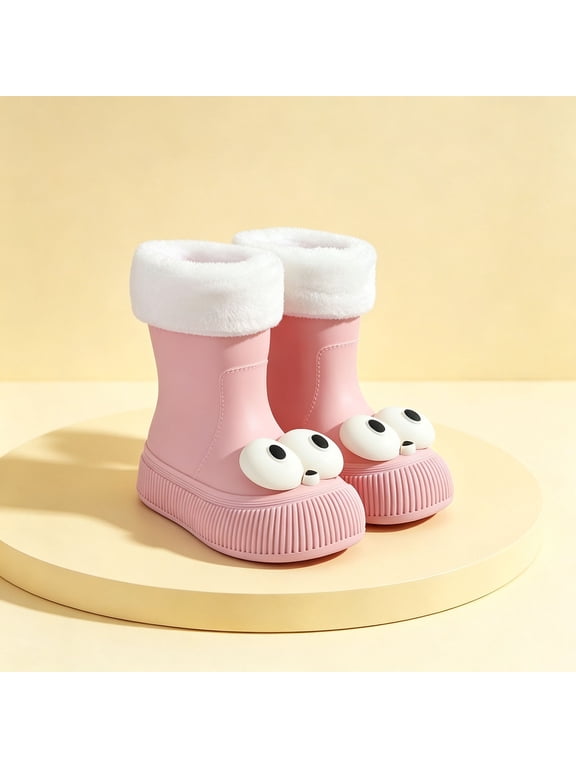 Womens & Girls 3D Big Eye Mid Calf Rain Boots Vertical Rib Chunky Sole Non Slip Waterproof PVC Wellies for Cold Weather Park Rainy Outdoor Play Pink 40