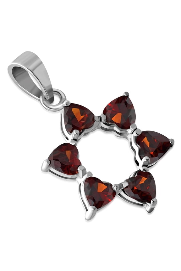 Womens 925 Sterling Silver Heart Shapes Star of David Pendant Necklace - Red CZ