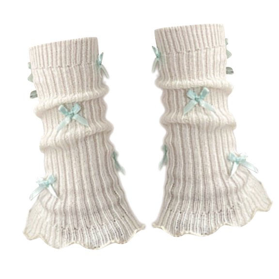 Womens Girls Ballet Styles Ribbed Knitted Stretch Leg Warmer Sweet Bowknot Ruffled Trim Leg Cover Footless Boot Socks