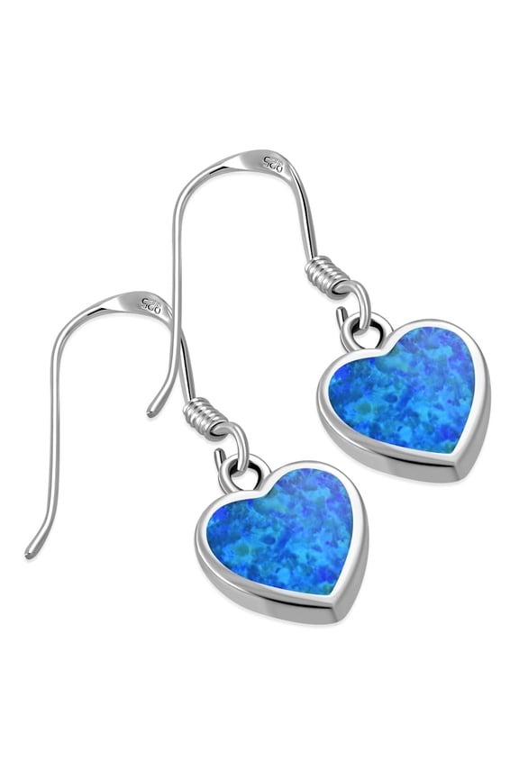Womens Blue Simulated Opal Heart Dangle Drop 925 Sterling Silver Earrings
