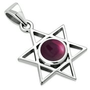 Womens Girls Created Gemstone 925 Sterling Silver Star of David Pendant Necklace Includes Adjustable Chain 16"-18" Silver (Created Garnet)
