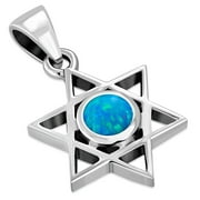 Womens Girls Created Gemstone 925 Sterling Silver Star of David Pendant Necklace (created opal)