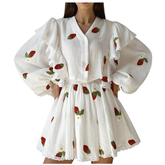 Womens Girls Cute 2 Piece Outfits Print Ruffle Lace Long Sleeve Button down Crop Tops and A-Line Mini Skirts Sets Pink